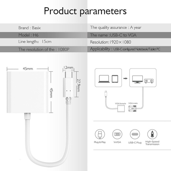 USB C til VGA-adapter, Type C til VGA-adapter kompatibel med Pro 2016/2017/2018, Air/ Pro 2018, Surface Book 2, Chromebook Pixel/ Xp
