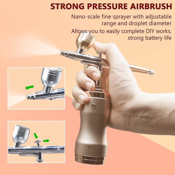 Opgraderet Airbrush Kit, 3 lufttryk, luftbørster til maling med kompressor Dual Action USB Connect (Guld)