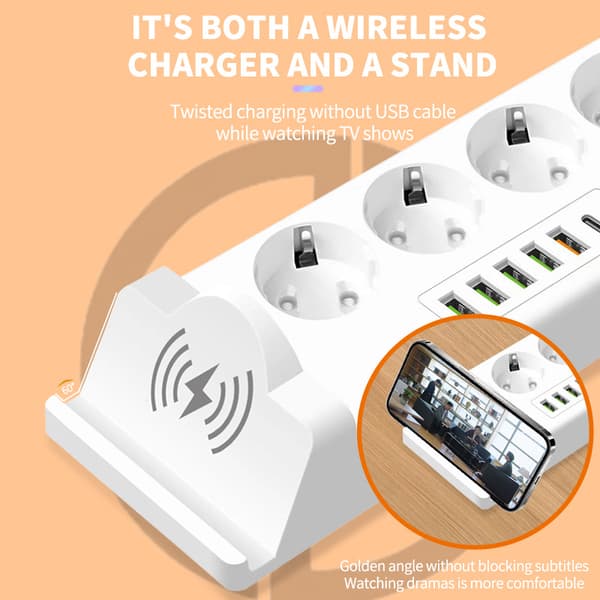Strømuttak med bryter, trådløs lader med 3 AC-uttak + 6 USB-porter (hvit)