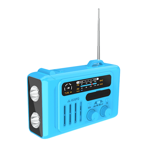 Solcellsdriven Nödradio med Handvev, NOAA/AM/FM med LED-ficklampa, SOS-larm & Kompass (Blå)