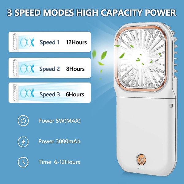 Mini tyst USB uppladdningsbar fläkt med mobiltelefonfästefunktion, 3000 mah Power Bank handsfree halsbandsfläktar (vit)