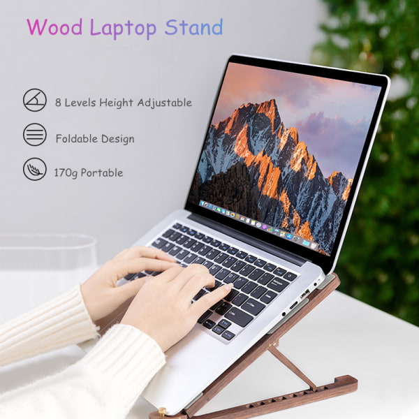 Wood bærbar stativ Sammenleggbar 8 nivåer Høydejusterbar bærbar bærbar holder Datamaskinstøtte for MacBook Air Pro 11-17 brown