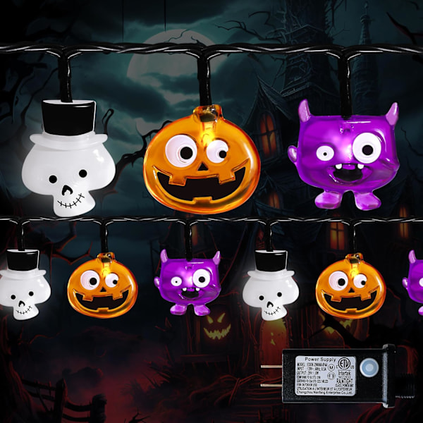70 LED Pumpa Spindel Dödskalle Ljusslinga - 6,9 m Orange Lila Vit Halloween Ljusslinga med Timerfunktion, Kopplingsbar Belysning för