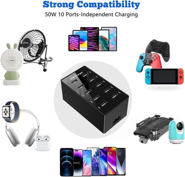 USB-opladerstation, 10 porte, USB-oplader med 10 datakabler til flere enheder (til Apple, sort)