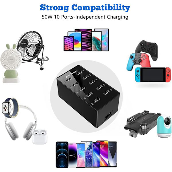 USB-opladerstation, 10 porte, USB-oplader til flere enheder (sort)