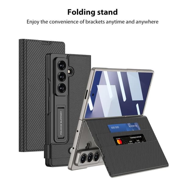 Kotelo Samsung Z Fold 7:lle, korttipaikka PC + PU Flip näytönsuojakalvolla (musta)