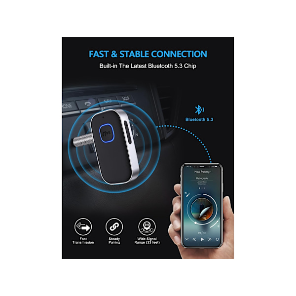 Bluetooth 5.3 Mottaker, Bil Aux Adapter, Støyreduserende Stereo Forstærkere - .