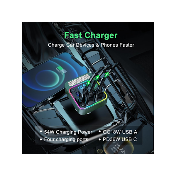 Bluetooth Bilradio Adapter Oplader: Trådløs FM Transmitter Håndfri Opkald Grøn