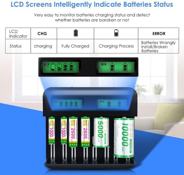 Batterioplader til 8 pladser, med LED-lys, USB hurtigopladning til AA AAA-batterier