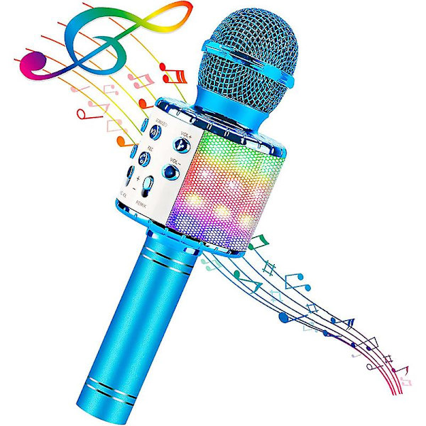 Karaoke trådlös mikrofon med led-ljus, bärbar mikrofon för barn Blue