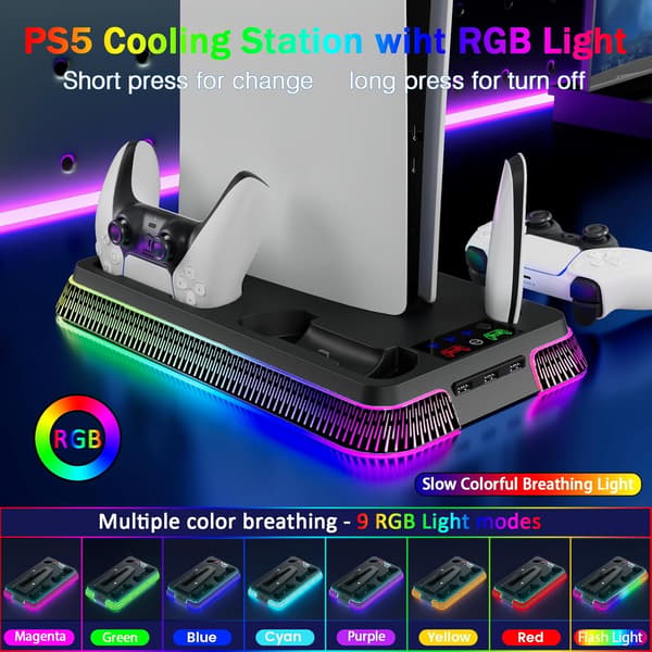 Køleventilator - Stand og oplader med RGB 3 USB-porte til PS5/Slim/Pro (Sort)