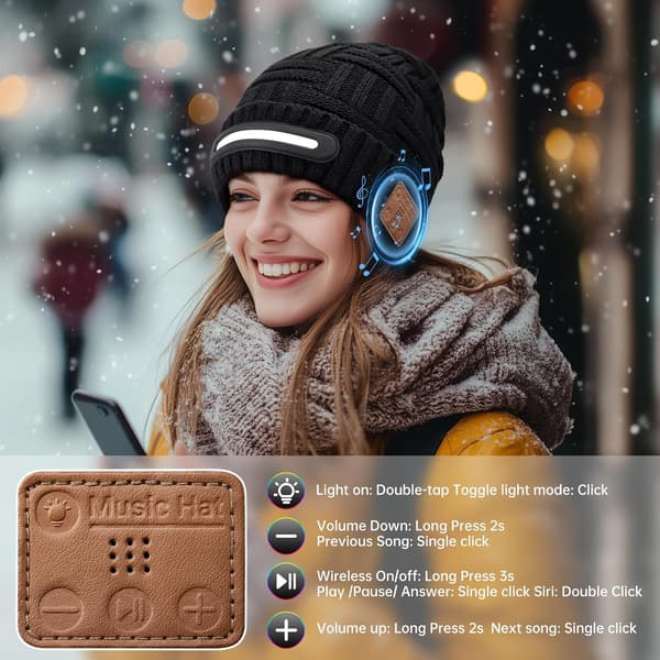 Bluetooth-lue med lys, USB oppladbar LED strikket lue (hvitt lys)