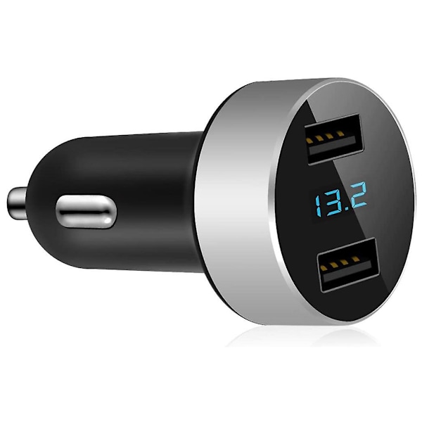 Dobbelt USB-biloplader, 4,8A udgang, billaderadapter, -Lighter spændingsmåler til ,,,LG, osv., sølv