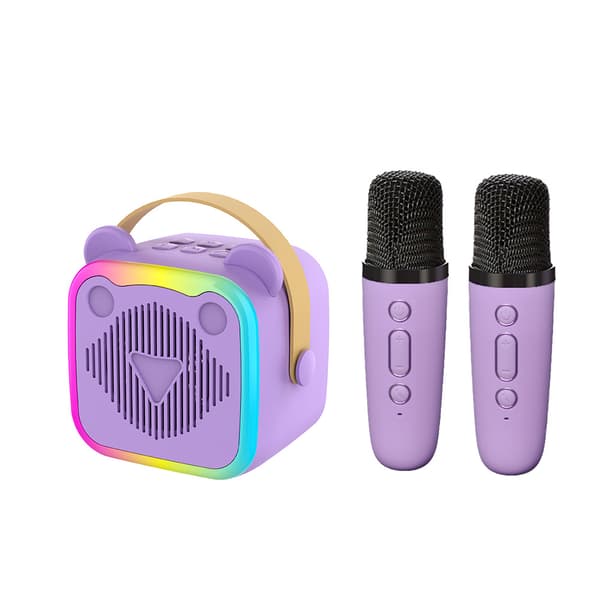Bluetooth Karaoke-høyttaler, med 2 mikrofoner og lys (lilla)