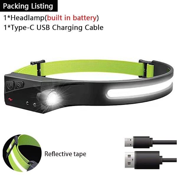 Induktiootsakelamppu COB LED-otsakelamppu sisäänrakennetulla paristolla ajovalon taskulamppu USB ladattava taskulamppu blue