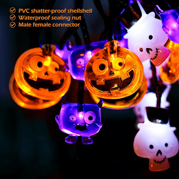 70 LED Pumpa Spindel Dödskalle Ljusslinga - 6,9 m Orange Lila Vit Halloween Ljusslinga med Timerfunktion, Kopplingsbar Belysning för