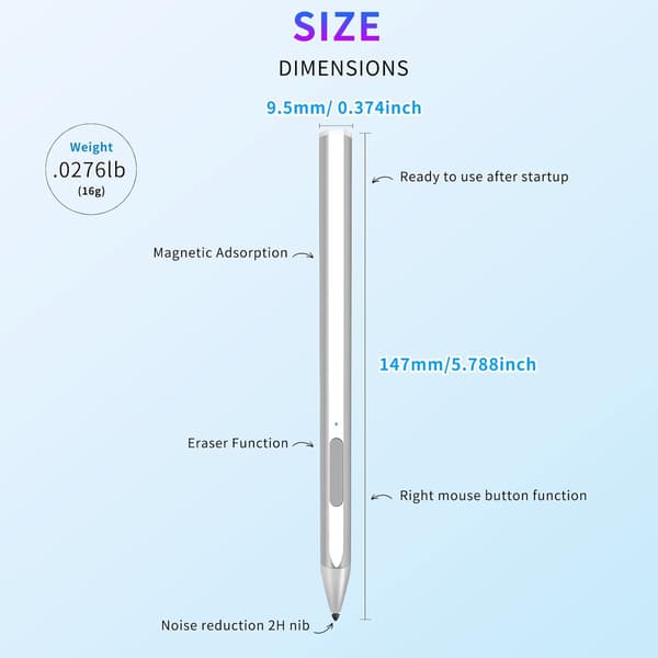 Styluspenna - För Surface Pro 5/6/7 Pro X surfplatta, 4096 trycknivåer, handflatans avvisning (silver)