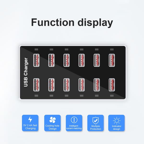 USB-oplader 12-ports ladestation til flere enheder, 60W (sort) Black