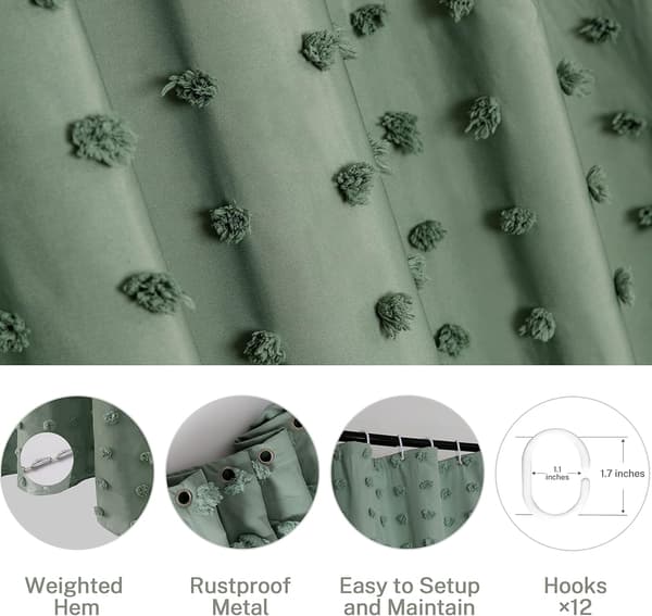Duschdraperi, 72 x 72 \" Tuftade veckade blompuffar texturerade med krokar Green