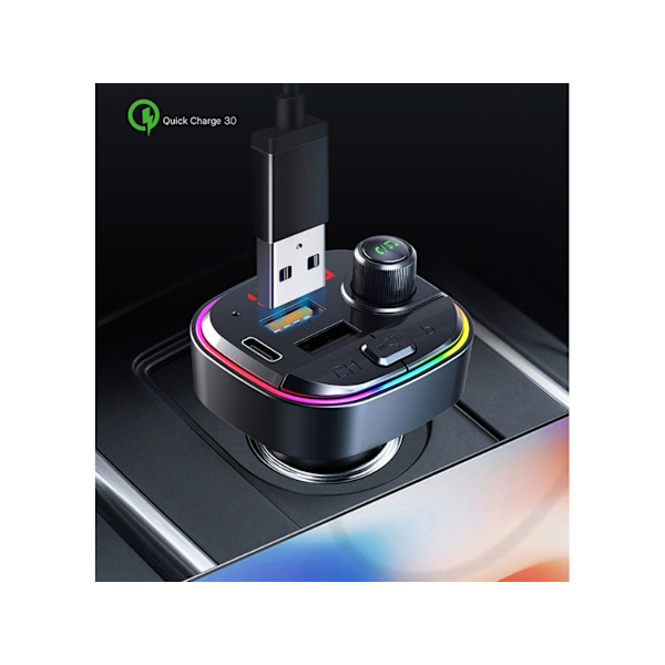 Bluetooth FM-sender for bil med QC3.0 hurtiglader & USB-C PD 18W & 7 LED bilradio Bluetooth-adapter