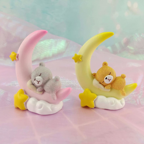 2st Tårtstaty Mån Tårt Topper Bear & Moon Tårtdekoration (rosa och gul)