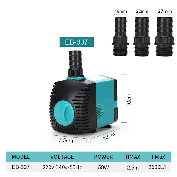 Senkbar fontenepumpe (2500L/T, 50W) med 3 dyser og 2,5 m løftehøyde