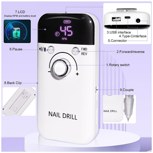 Professionell Nagelpolerare 45000 Varv/Min, 2000Mah Elektrisk Nagelfil, Kraftfull Nagelfil Svart