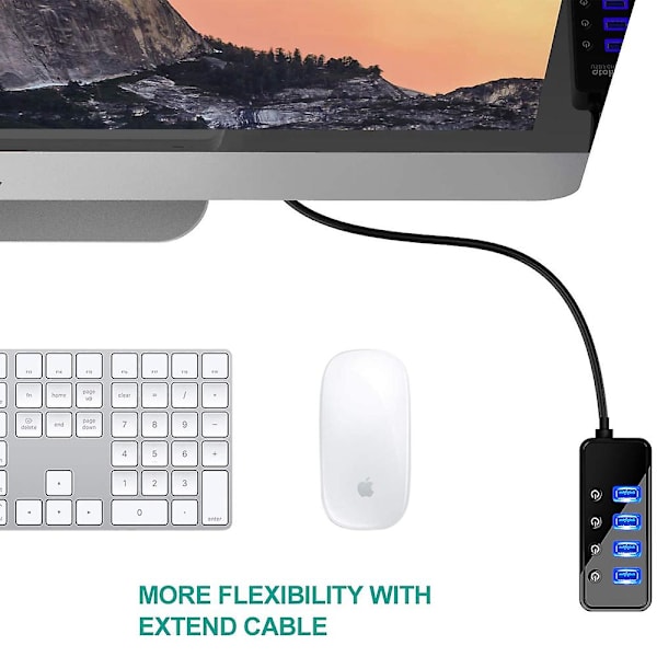 4 USB 3.0-portar Hub med 1 laddningsport, enkel strömbrytare på/av