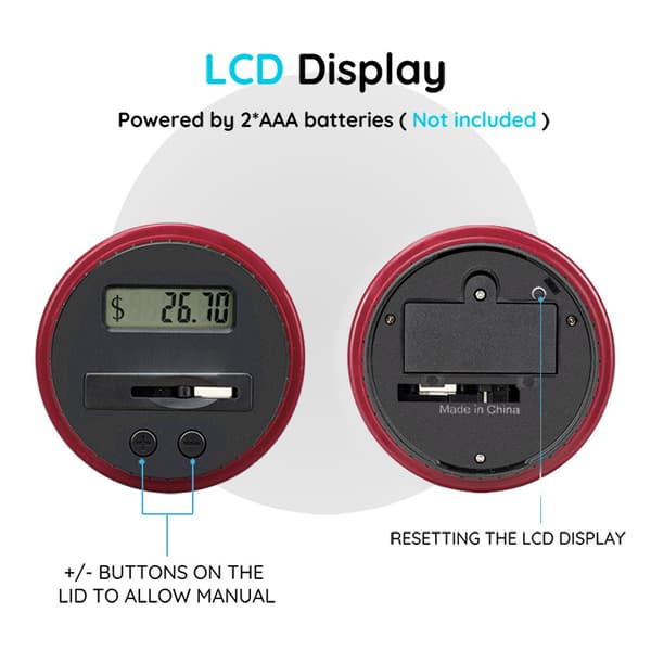 Spargris, LCD-skjerm, automatisk myntteller, rød