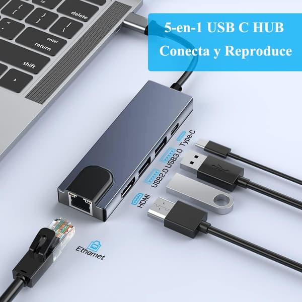 Adapter - Usb C Hub Multiport, 5-i-1 med Ethernet, 4K Usb C til Hdmi, Vga, Usb 3.0