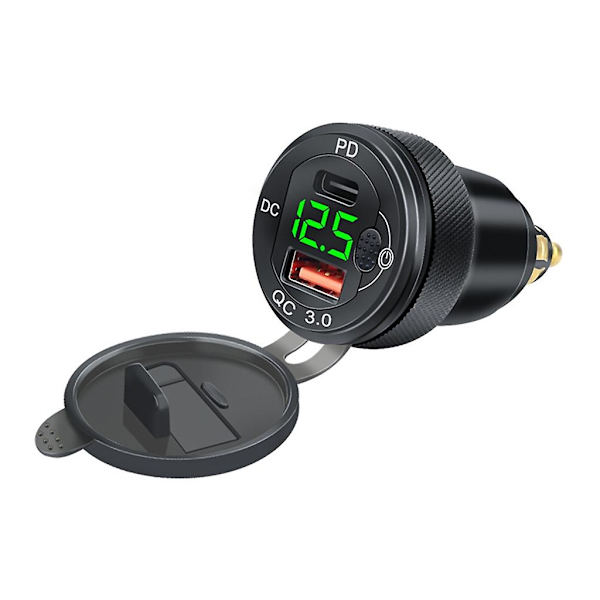 Snabbladdare 3.0 USB-laddningsadapter med LED-voltmeter för motorcykel Green QC3 And PD
