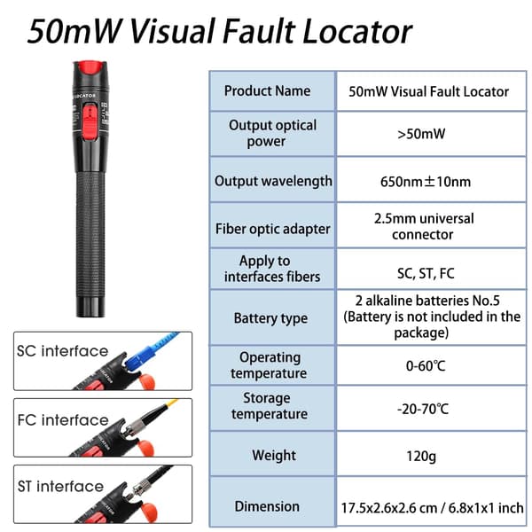 Optisk kabeltester, 50 mW visuel fejlfinding, FTTH optisk effektmåler -70 dBm til +10 dBm