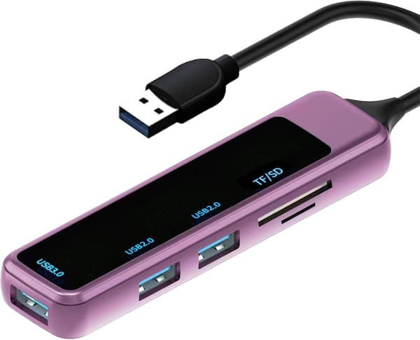 Sovitin - USB-keskitin moniporttinen, 5-in-1 USB TF/SD (violetti)