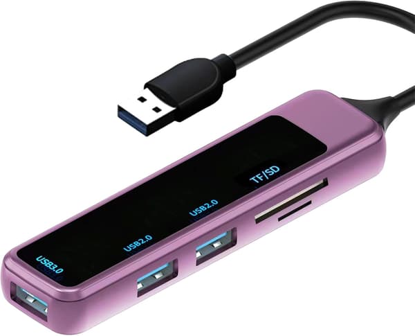 USB Hub Multiport Adapter, 5-i-1 USB TF/SD Adapter, Lilla