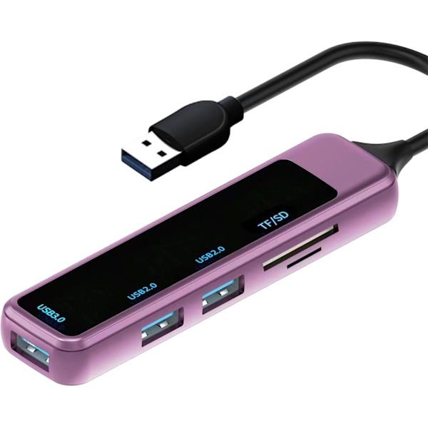 USB-hub multiportadapter, 5-i-1 USB TF/SD-adapter, lilla