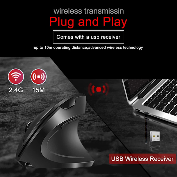 2.4Hz Genopladelig Trådløs Vertikal Optisk Mus Med USB-modtager, 1600 Dpi Blå