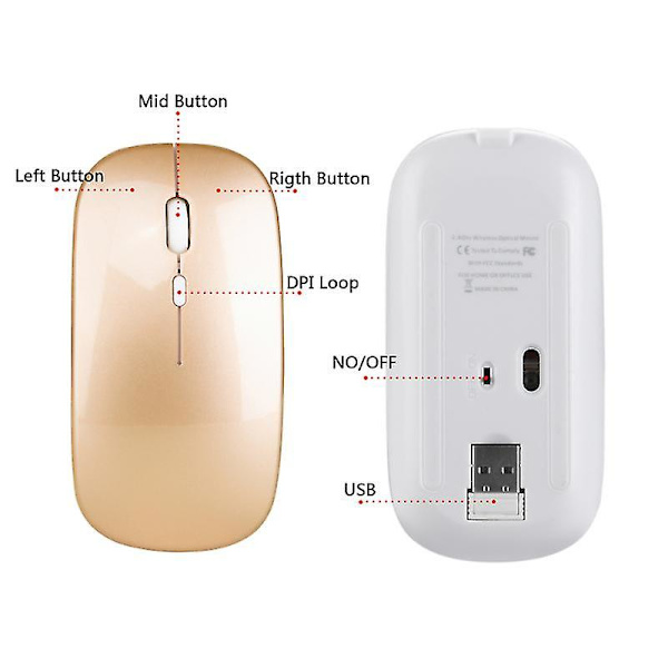 Bluetooth Trådløs mus Pc Trådløs mus Computer Bærbar Note-bog Trådløs mus 2.4g Rose gold