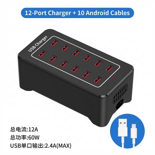 USB-ladestasjon 12-porter, med 10 datakabler, hub ABS (for Android)