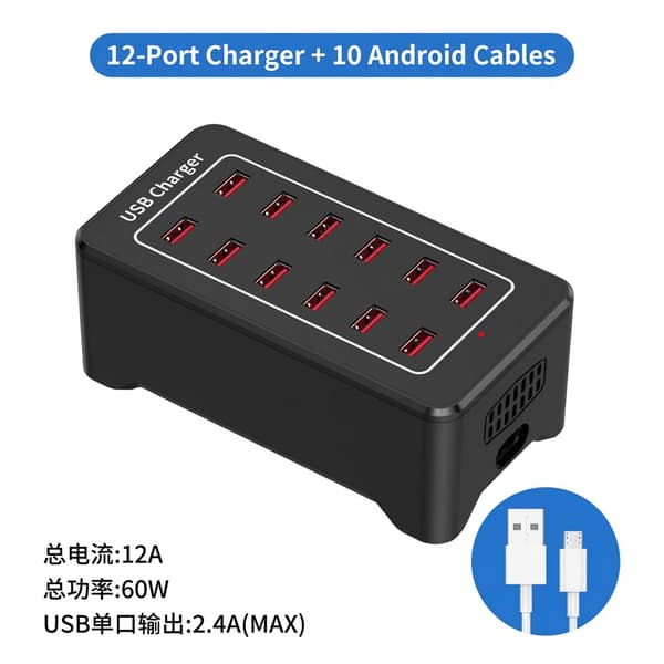 USB-ladestation 12-porte, med 10 datakabler, Hub Abs (til Android)