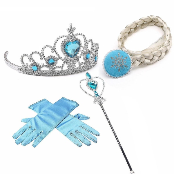 4 stk Girls Frozen Elsa Princess Hairpiece Crown Wand & Gloves Kostymetilbehør Blue