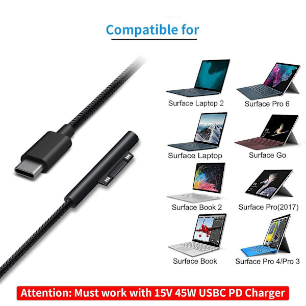 Nylonflätad USB-C-laddningskabel för Surface Pro 6/5/4/3 Surface Laptop 1,5 M 45W 15V PD-strömförsörjningskabel