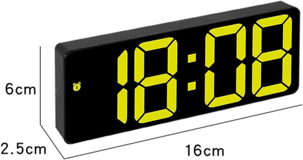 Digital väckarklocka med datum och temperatur, gul