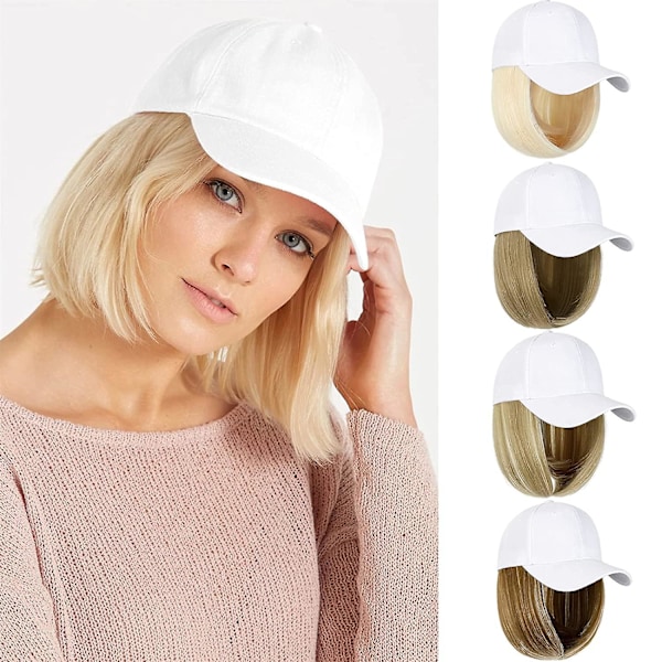 Baseballhatt med hår 14 tommer rett kort bob frisyre Justerbar parykkhette festet hårpynt For kvinne jente Askblond blanding Blekemiddel Blond