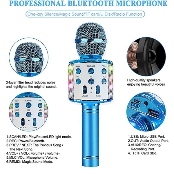 4 I 1 Bluetooth Karaoke Mikrofon Bærbar Høyttaler Håndholdt hjemme Ktv-spiller med opptaksfunksjon &amp; Led lys for barneleker Blue
