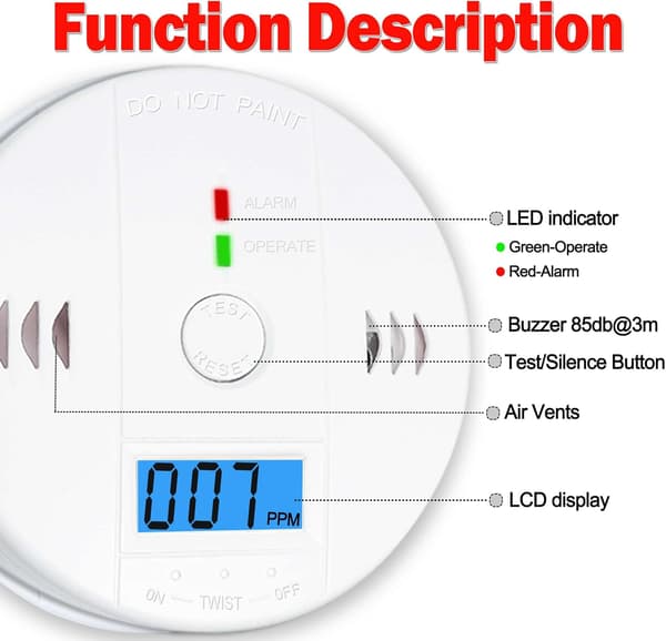 3-pack kolmonoxiddetektorer, batteridrivna med LCD-display
