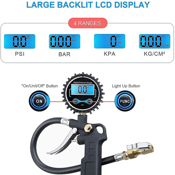 Digital dekktrykkmåler, dekkpumpe med 200psi måler, kraftig luft - Aespa