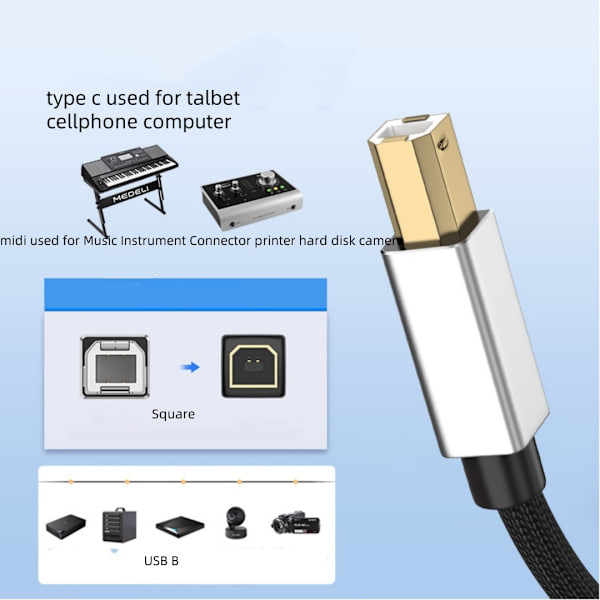 Adaptere 2-i-1 Type-C, USB-A til USB-B MIDI Instrument/Printerkabel (Hvid)