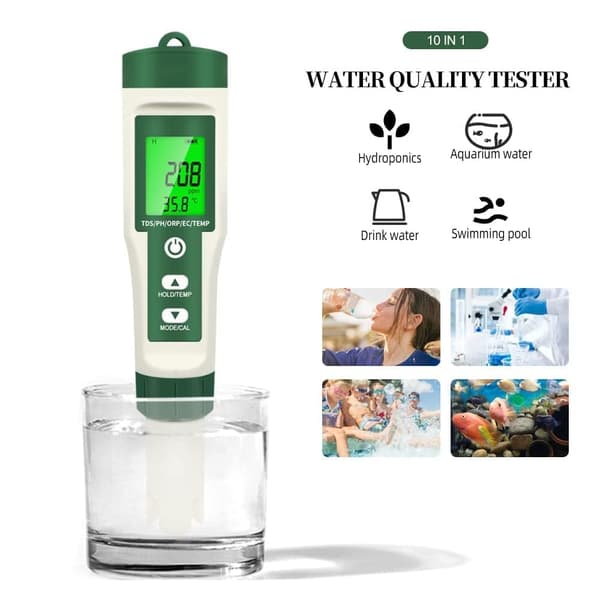PH-måler, 10-i-1 TDS/PH/ORP/EC/temperaturtester med LCD-skjerm, vannkvalitetsmonitor