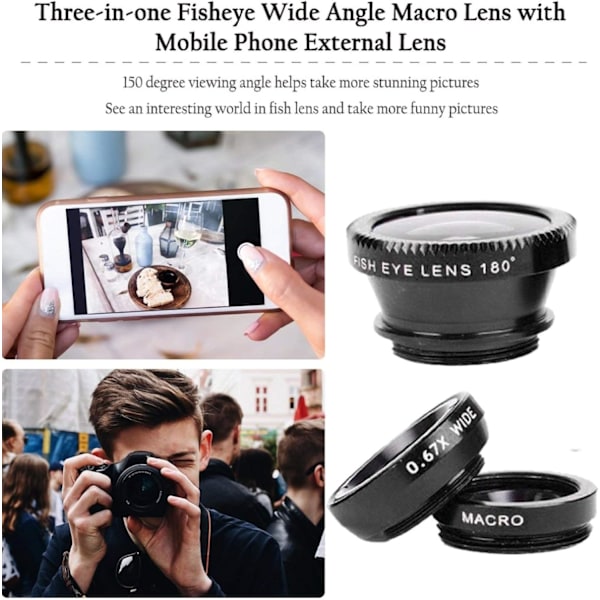 3 i 1 Mobiltelefon Kamera Linse Kit Vidvinkel Makro Fisheye Linse Til Smartphones Iphone Android Sort