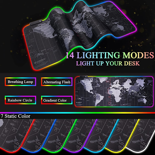 RGB Gaming Mousepad, Ekstra Stor Gaming Mouse Mat Til Gamere, Vandafvisende Kontor Desktop Mat Med 14 Lystilstande 800*300*4Mm World Map
